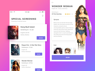 Movie Booking App app application booking cards cinema design detail interface listing mobile movie tickets ui user