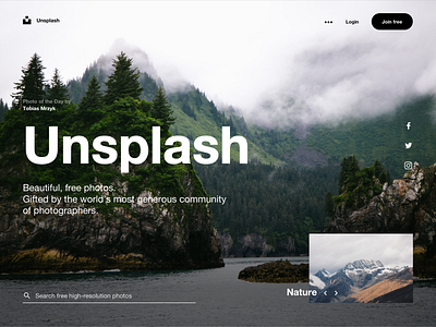 Unsplash Concept page concept forrest helvetica minimalism mountain nature promo page social icon sydorov tipography ui unsplash web deisgn