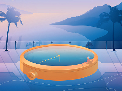 Time of Your Life beach clock cocktail cover girl hotel illustration magazine magazine illustration mountain palm pool sea sky swim swimming tree vector watch water