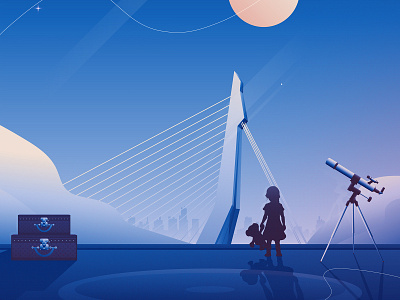 Sleepless nights in Rotterdam blue bridge cases centre city illustration illustrator moon night poster room rotterdam sky sleep stars telescope window