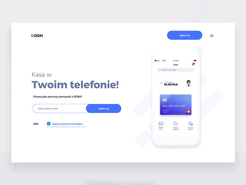 Dosh - Hero animated application card clear design dosh fintech hero landing page one page payment prepaid card white style