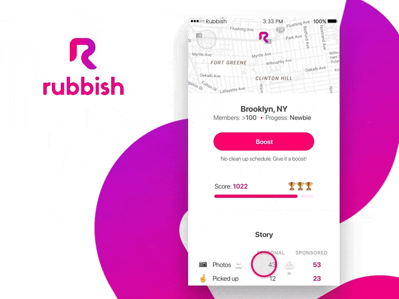 Rubbish - User Flow animation camera feed instagram map photos pink purple principle rubbish snapchat social feed user