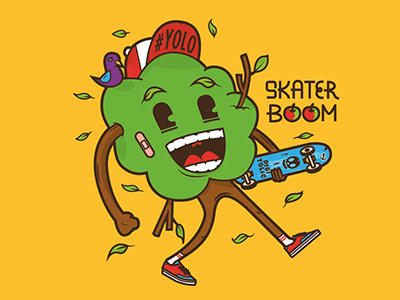 Skater Boom apple bird character drawing happy illustration illustrator leaves skate tree