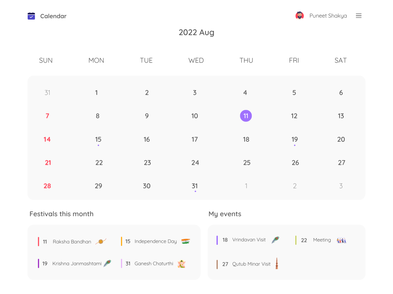 Daily UI #038 - Calendar by Puneet Shakya on Dribbble