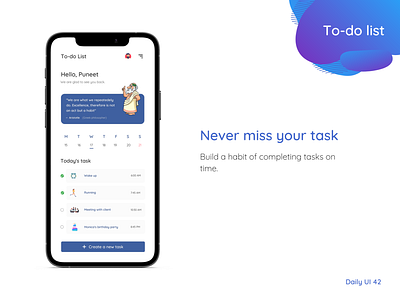 Daily UI #042 - ToDo List app design app ui calendar canva design clean design daily ui 42 daily ui challenge dailyui42 dailyuichallenge graphic design illustration list mobile app task task list to do list todo todo app todo list ui