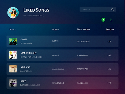 Daily UI #044 - Favorites album canva design charlie puth clean ui daily ui 44 daily ui challenge dailyui44 dailyuichallenge favorites favourites graphic design justin beiber liked liked songs music streaming playlist singer songs spotify ui