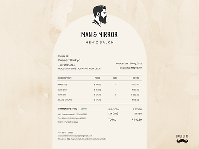 Daily UI #046 - Invoice barber beard bill clean desing daily ui 46 daily ui challenge dailyui46 dailyuichallenge graphic design grooming hair style invoice men men saloon moustache saloon styling transaction ui unisex saloon