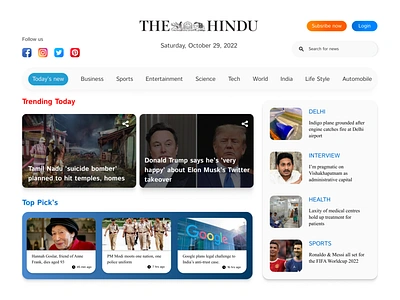 Daily UI #094 - News clean design clean ui daily news daily ui 094 daily ui challenge dailyui094 dailyuichallenge enewspaper epaper graphic design news news feed newsfeed newspaper the hindu times of india top picks trending news ui web design