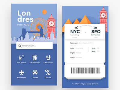 Flights App, Home & Boarding pass airline airport app boarding booking design flight illustration material design onboarding pass travel