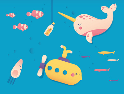 Under the blue character cute design draft fish flat illo illustration illustrator narwhal sea shot submarine vector
