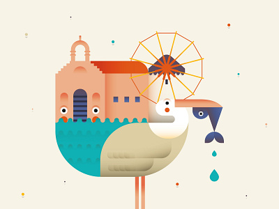 Mykonos Island adobe illustrator character cute design draft dribbble fish flat greek illo illustration illustrator island minimal pelican sea shot vector windmill