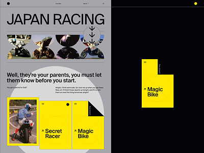 Japan Racing 🏁 80s 90s branding brutalism cards concept design exploration desktop editorial hero homepage japan landingpage layout motorbike race racing ui web webdesign