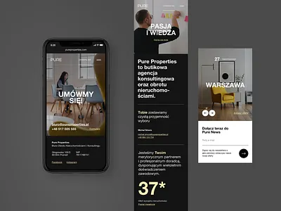 Pure Properties - mobiles black caps clean contact flat gold grid helvetica hero interior iphone jakobsze michal minimalistic mobile mobile ui realestate responsive simple unikat