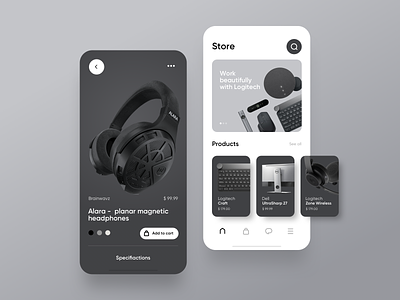 Ecommerce store concept app black ecommerce headphones iphone jakobsze keyboard michal minimalistic rounded screens shadows simple tech unikat white
