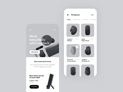 Ecommerce store concept app black ecommerce headphones iphone jakobsze keyboard michal minimalistic rounded screens shadows simple tech unikat white