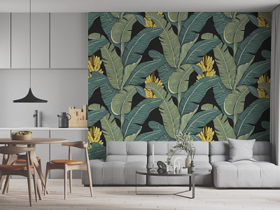 Banana Leaf Wallpaper with Black Background background banana banana leaf canvas illustration wall decor wall mural wallpaper