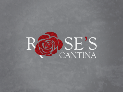 Rose's Cantina branding grey logo red rose