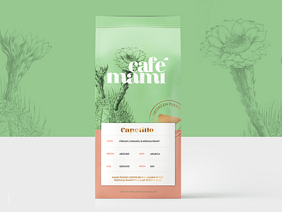 Cafe Mami Capetillo Batch cactus cafe coffee coffee bag coffee bean concept design gold green illustration outdoors package packaging packaging design peach plants puertorico