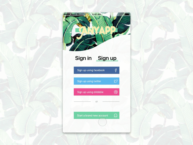 Anyapp – sign up animation button daily input mobile pattern sign up social ui