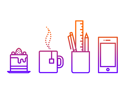 Icons of the daily routine cake cell icons pencils tea