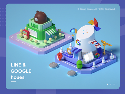 Line&Google House-Gmail-google home-chrome-andriod animation bear chinese， design house illustration line panda， token， visual，