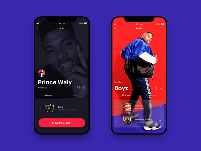 Muzik Vibez Player - Music App Concept - app app concept blue design hip hop mobile mobile app music music app music player music player app playlist prince waly profile red ui ux web design website