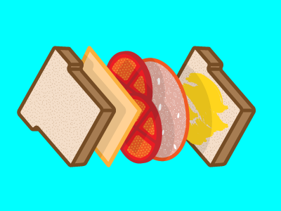 Sandwich balogna bread exploded view illustration isometric mustard processed cheese sandwich tomato