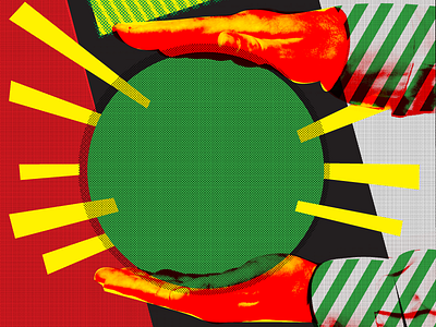 Globular bursts constructivist halftone hands reggae stripes