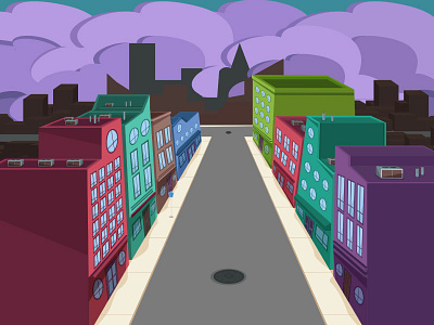 Animation The Walk: Scene 3 The Gloom and The Rain angles animation city cityscape clouds funky gloomy illustration illustrator landscape urban