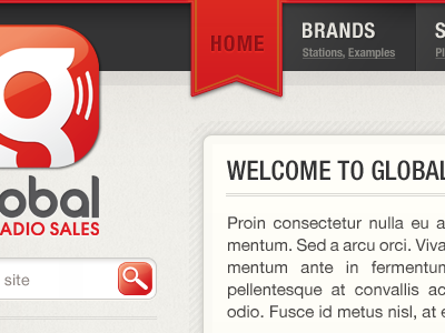 Global Radio Sales Site - Concept Design global radio grey navigation red ribbon search shadow stripe subtle