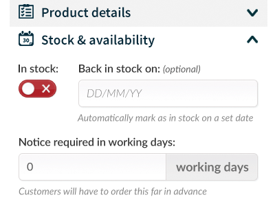 Shop tool - product information accordion sections clean form grey hubbub toggle