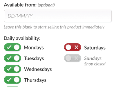 Shop tool - product information availability clean dates days of the week form grey hubbub toggle