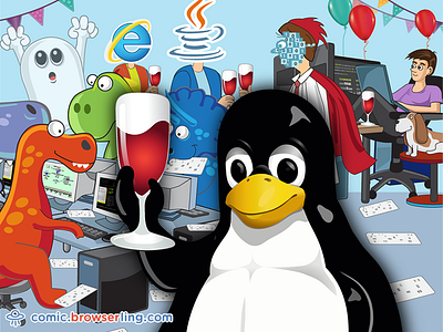 Tux Party birthday browserling comic dinosaurs ghost linux party punch cards tux wine
