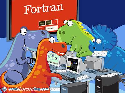 Fortran Programming Class browserling comic dinosaurs fortran joke old programming programming class programming language punch card