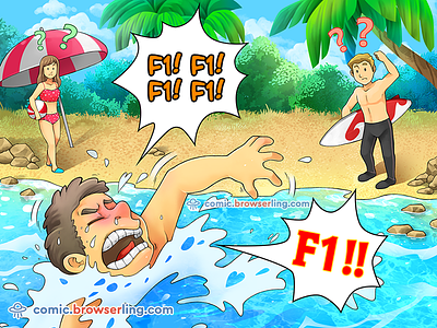 F1! beach browserling comic drown drowning f1 help joke keyboard programmer programming surfing swim swimming water