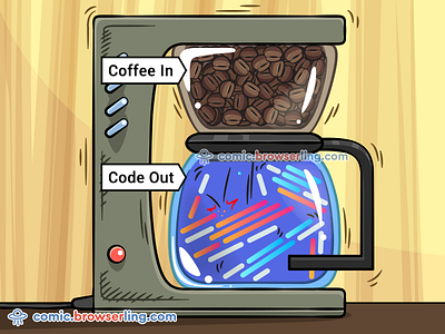 Coffee In, Code Out browserling caffeine cartoon cico code code lines code out coding coffee coffee in coffee machine comic developer humor developer humour devhumor devhumour illustration joke programming