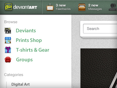 DeviantArt Redesign Concept alpha art beta clean concept deviant deviantart fabric gray green icons modern redesign texture ui white