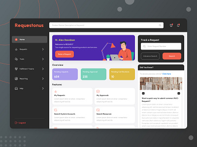 Source Request Dashboard access black theme branding clean clean design dark theme dashboard design graphic design home home page design logo product raise request request services ui ux web design web home