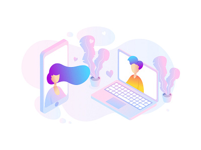 Love Connection 3d boy chatting color connection girl isometric landing page laptop love mobile pc