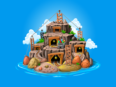 Miners Island casual clouds environment gameart island lamp matching mobile social tiny train vector
