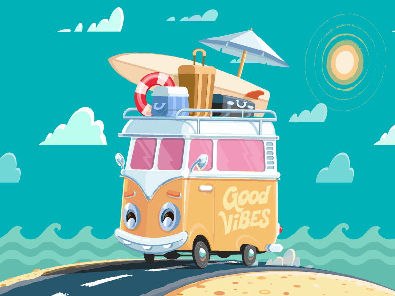 Summer Vibes Animation adventure bus flat game animation good vibes mascot mobile game summer surf travel trip van