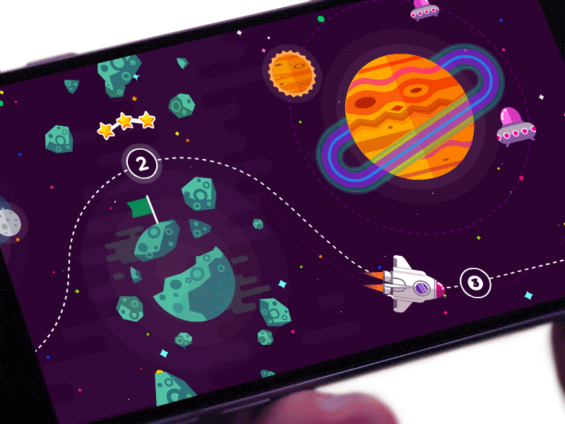 Mobile Game - Map UI Animation achievements asteroid casual game flat graphic style flat mobile game for kids game app design game ui mobile game orbit planet space adventure
