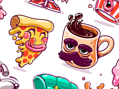 Kik Messenger Stickers app stickers branding cartoon character coffee cup funky style game art identity illustrations mascot design pizza slice sleepy monday sticker pack ui design