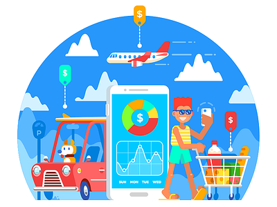 Track Expenses Illustration apple pay branding illustration check dashboard fintech flat money app onboarding illustration purchases summer time track expenses vacation