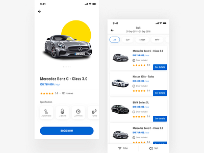 Exploration Car Rental - Product Details bmw carapps carrental cars ecommerce iphonex mercedez product detail page rentalcar sportcar tiket.com travel ui uiapps uidesign