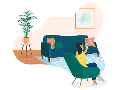Video Interview 2d armchair couch hand drawn hr illustration interview living room livingroom mobile online phone plant video video interview
