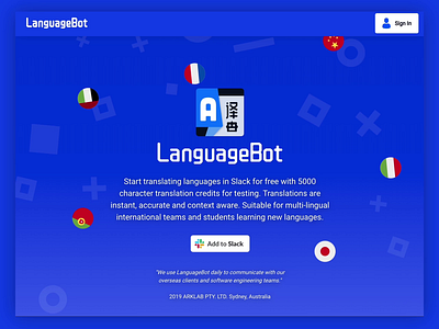 LanguageBot / landing page & Slack install process app app branding bot branding chat landing page language slack translation ui ux ui we design website