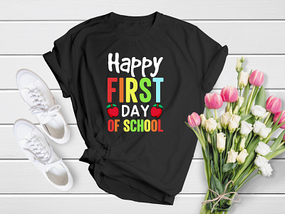 Happy First Day Of School | Back To School T-Shirt Design apparel back to school class colourful cool elementary graphic kid kindergarten pen preschool school shirt sticker student study t shirt t shirt teacher welcome
