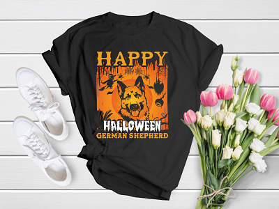 Happy Halloween German Shepherd (Halloween T-Shirt Design) apparel cat death design fire fog ghost graphic halloween horror kid moon no people scarey scary shirt skull spooky t shirt t shirt