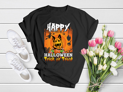 Happy Halloween Trick or Treat (Halloween T-Shirt Design) apparel cat death design fire fog ghost graphic halloween horror kid moon no people scarey scary shirt skull spooky t shirt t shirt